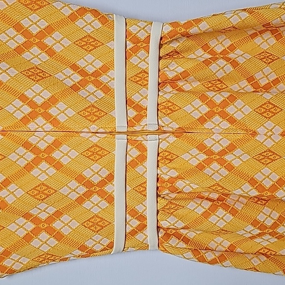 Patty Woodard Vtg 70's argyle dress, yellow orange white, SL, fitted, A-line - Picture 5 of 10